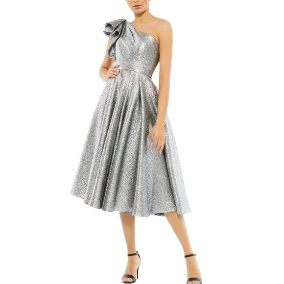 MAC DUGGAL 67906 One Shoulder Bow Midi Dress Size 2 or 8 New with Tag MSRP $498 - Picture 1 of 9